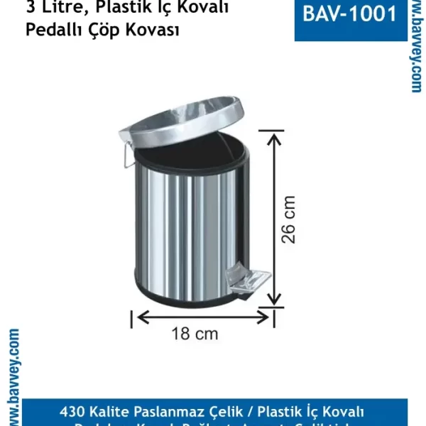 3 Litre Paslanmaz Pedallı Çöp Kovası