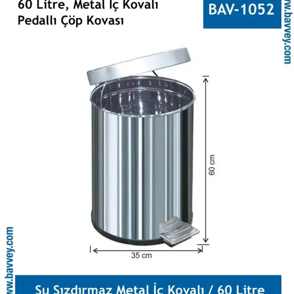 60 Litre Pedallı, Paslanmaz İç Kovalı Çöp Kovası