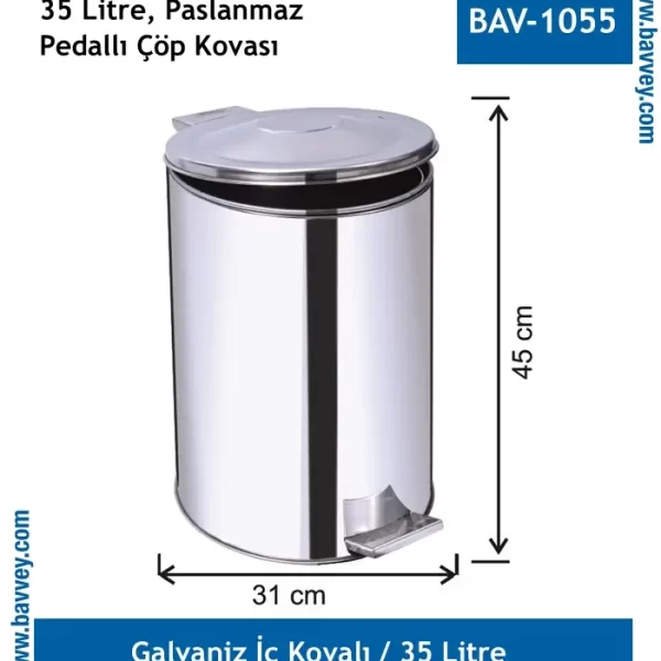 35 Litre Paslanmaz Pedallı Çöp Kovası
