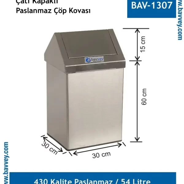 54 Litre Paslanmaz Çatı Kapaklı Çöp Kovası (BAV-1307)