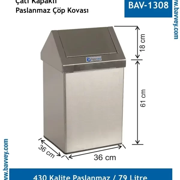 79 Litre Paslanmaz Çatı Kapaklı Çöp Kovası (BAV-1308)