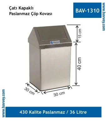 36 Litre Paslanmaz Çatı Kapaklı Çöp Kovası (BAV-1310)