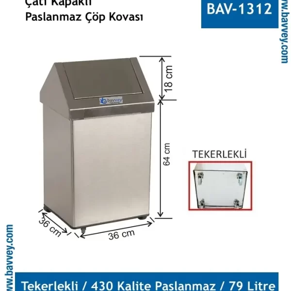 79 Litre Tekerlekli Paslanmaz Çatı Kapaklı Çöp