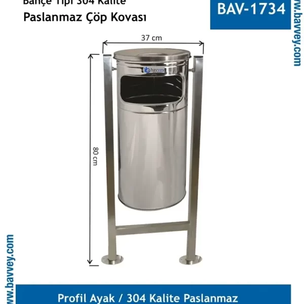 Bahçe Çöp Kovası Paslanmaz 304 Kalite (BAV-1734)