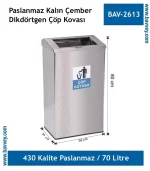 70 Litre Paslanmaz Kalın Çember Çöp Kovası