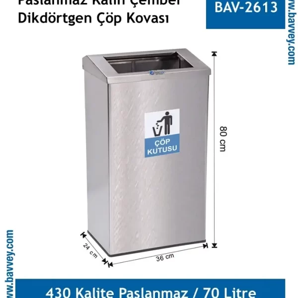 70 Litre Paslanmaz Kalın Çember Çöp Kovası