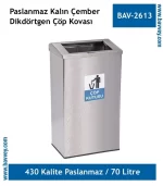 70 Litre Paslanmaz Dikdörtgen Kalın Çember Çöp Kovası