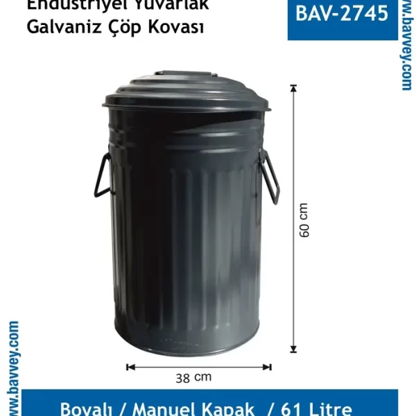 61 Litre Boyalı Galvaniz Çöp Kovası