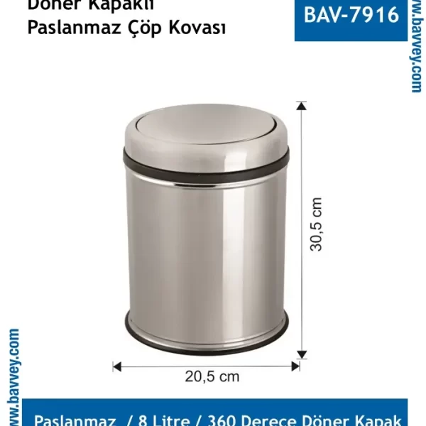 8 Litre Paslanmaz Döner Kapaklı Çöp Kovası