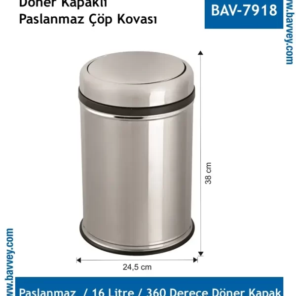 16 Litre Paslanmaz Döner Kapaklı Çöp Kovası