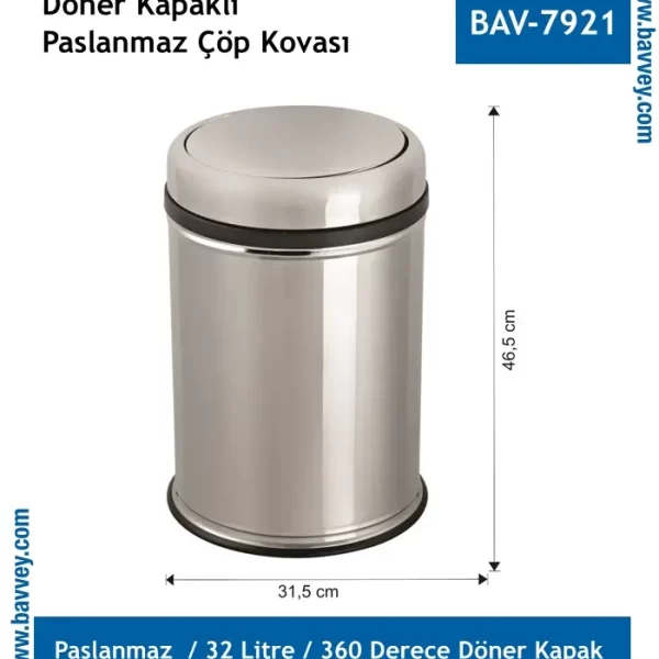 32 Litre Paslanmaz Döner Kapaklı Çöp Kovası