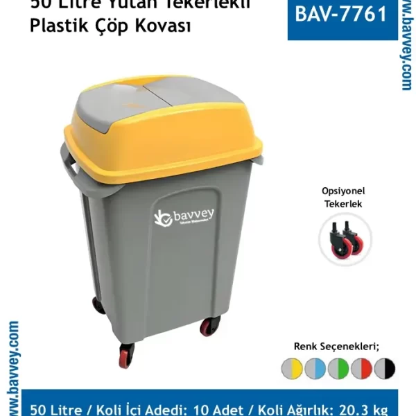 50 Litre Plastik Yutan Kapaklı Tekerlekli Çöp Kovası