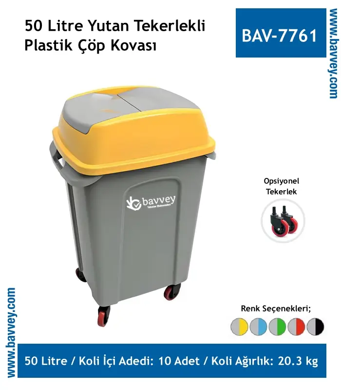 50 Litre Plastik Yutan Kapaklı Tekerlekli Çöp Kovası