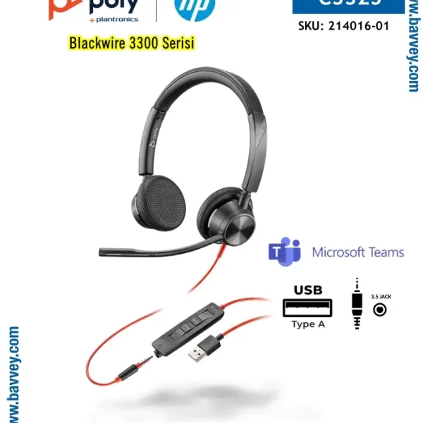 Poly Blackwire 3325 USB-A + 3.5mm Jack Microsoft Teams Sertifikalı Kulaklık