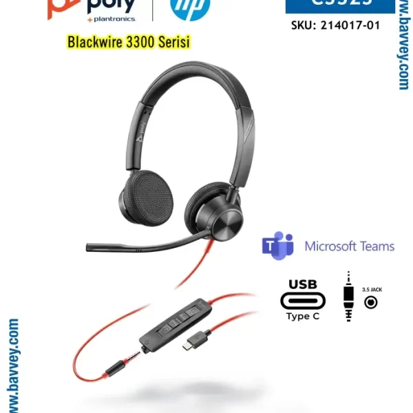 Poly Blackwire 3325 USB-C + 3.5mm Jack Microsoft Teams Sertifikalı Kulaklık