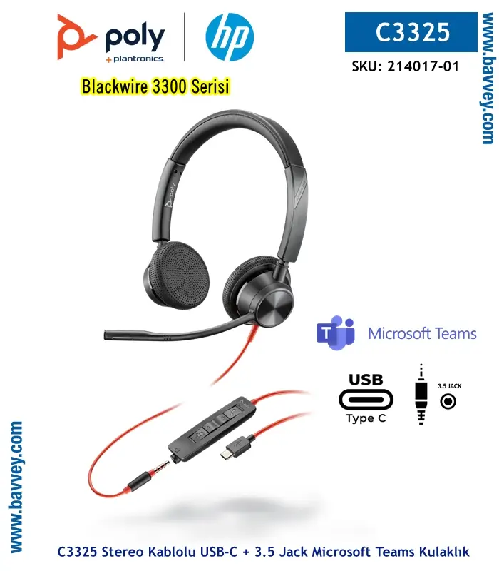 Poly Blackwire 3325 USB-C + 3.5mm Jack Microsoft Teams Sertifikalı Kulaklık